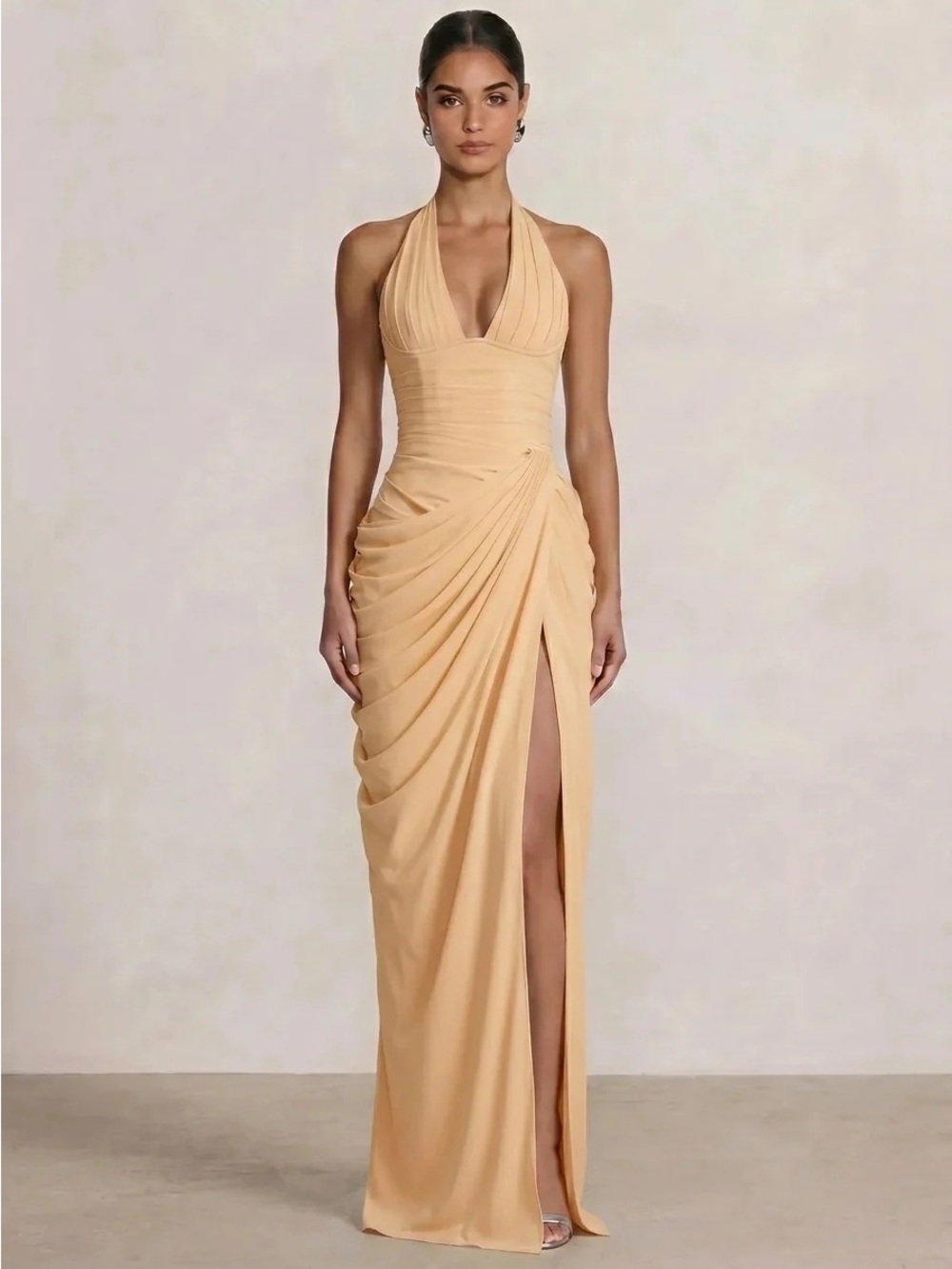 Halter Draped Gown in Champagne